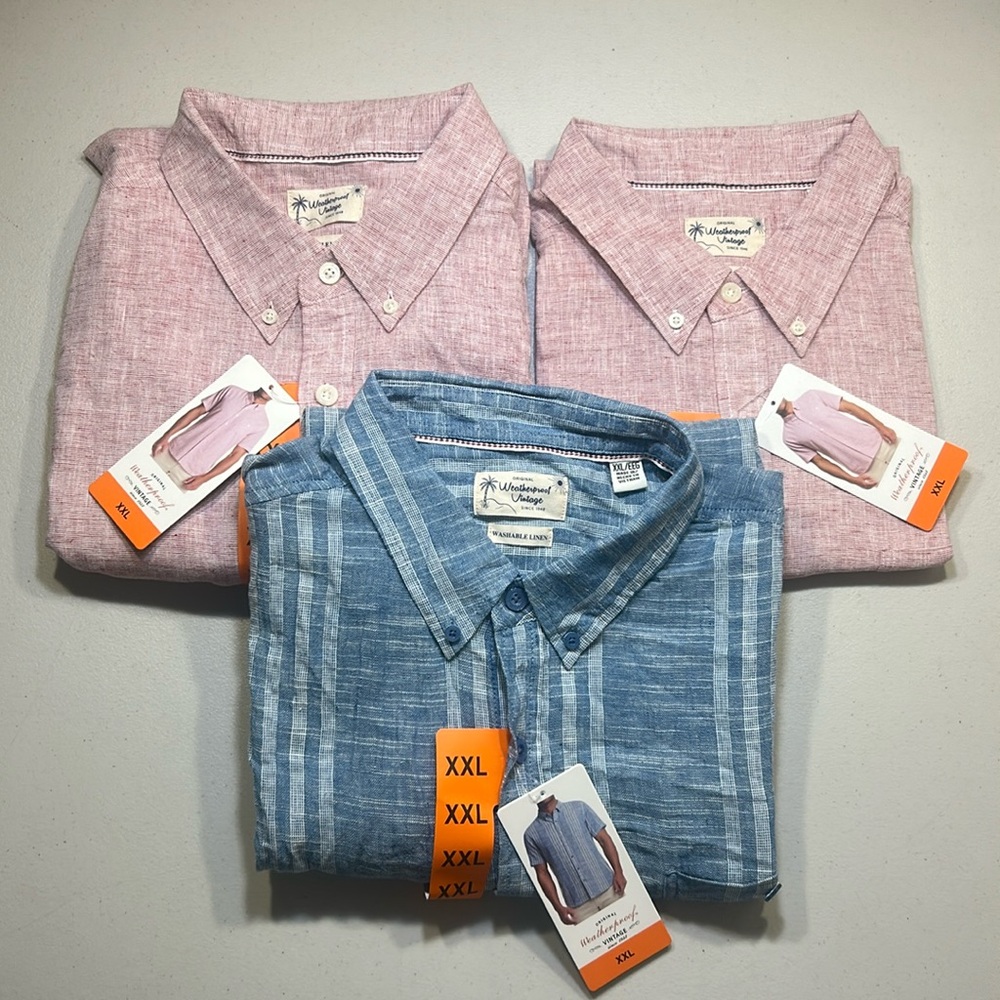 LOT OF 3 Weatherproof Vintage Men's Short Sleeve Linen Woven Shirts NWT Size XXL